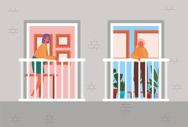 Γυναίκες κοιτάζοντας έξω από τα παράθυρα με μπαλκόνια από γκρι σπίτι διάνυσμα σχεδιασμό — Διανυσματικό Αρχείο