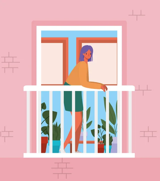 Γυναίκα κοιτάζοντας έξω από το παράθυρο με μπαλκόνι από το ροζ σπίτι διάνυσμα σχεδιασμό — Διανυσματικό Αρχείο