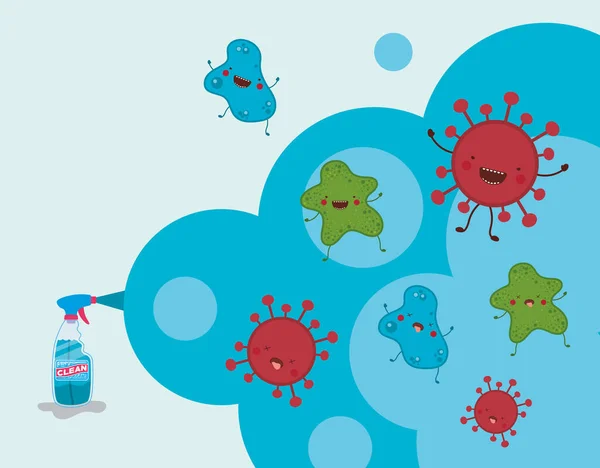 抗菌スプレーボトルと煙でcovid 19ウイルス漫画ベクトルデザイン — ストックベクタ