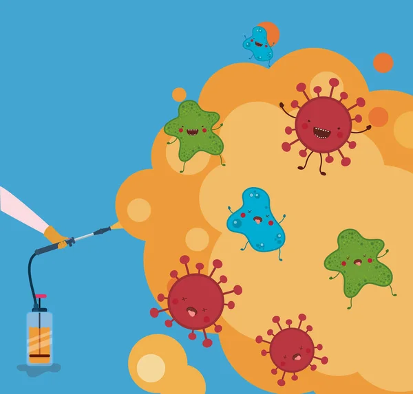 Garrafa de spray antibacteriano e fumaça com covid 19 desenho de vetor de desenhos animados de vírus — Vetor de Stock