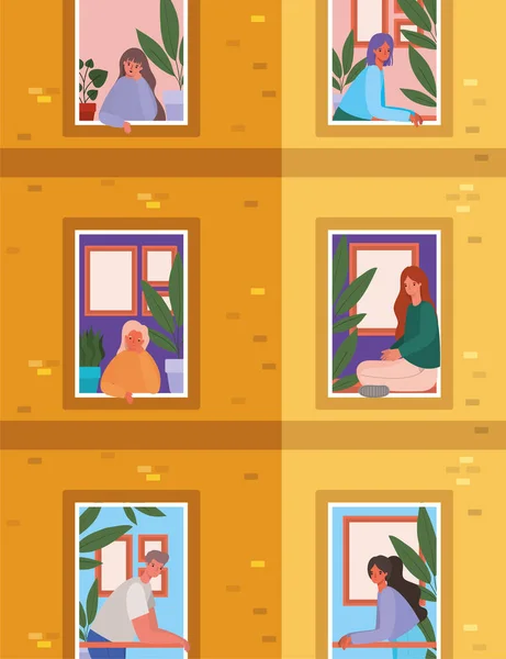 Menschen, die aus den Fenstern des orangefarbenen Gebäude-Vektordesigns schauen — Stockvektor