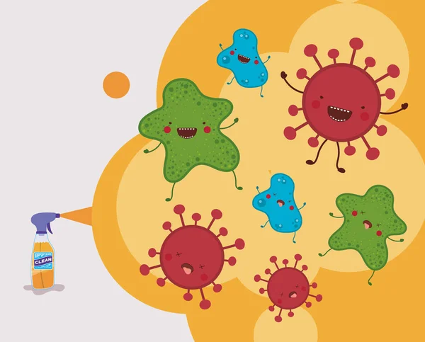 Botella de spray antibacteriano y humo con diseño de vectores de dibujos animados virus covid 19 — Archivo Imágenes Vectoriales