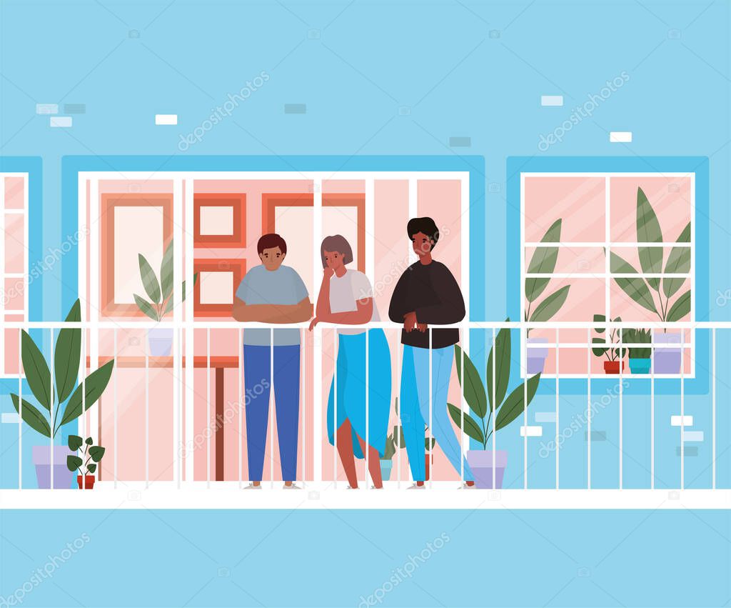 People looking out the window with balcony from blue house vector design