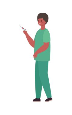 Üniformalı ve enjeksiyon vektör tasarımlı bir adam.