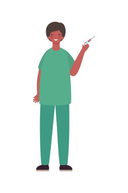 Üniformalı ve enjeksiyon vektör tasarımlı bir adam.