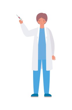 Üniformalı ve enjeksiyon vektör tasarımlı bir adam.