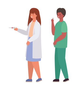Üniformalı ve enjeksiyon vektör tasarımlı kadın ve erkek doktor