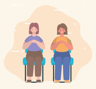 Mutlu kadın çizgi filmleri koltuk vektör tasarımında oturuyor.