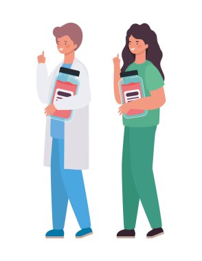 Üniformalı kadın ve erkek doktor ve ilaç kavanozu tasarımı