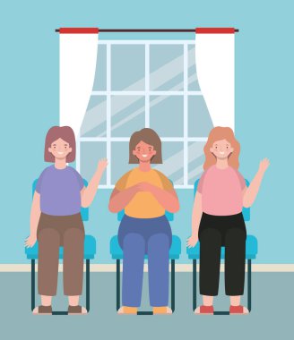 Mutlu kadın çizgi filmleri koltuk vektör tasarımında oturuyor.