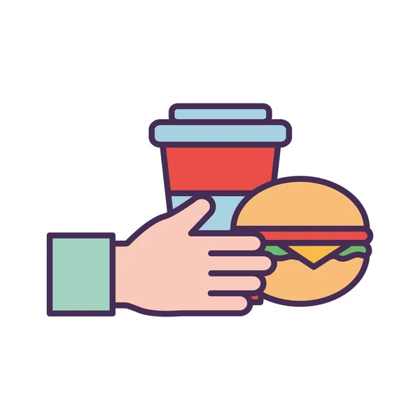 Hand with mug and hamburger line and fill style icon vector design — Stock Vector