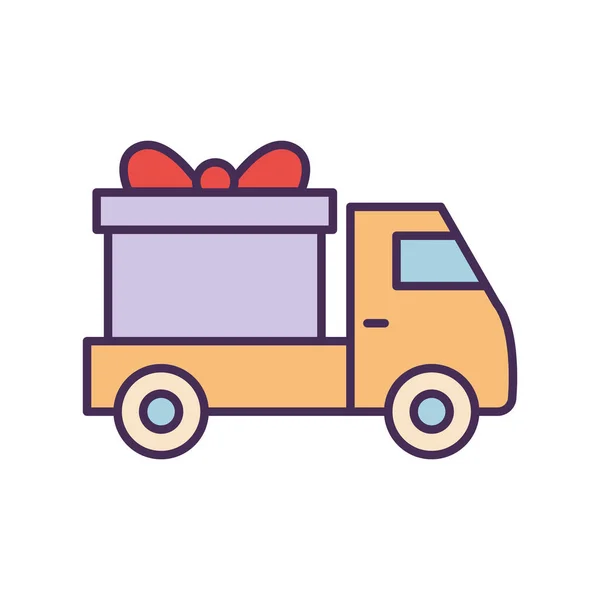 Camión de entrega con línea de regalo y diseño de vector icono de estilo de relleno — Vector de stock