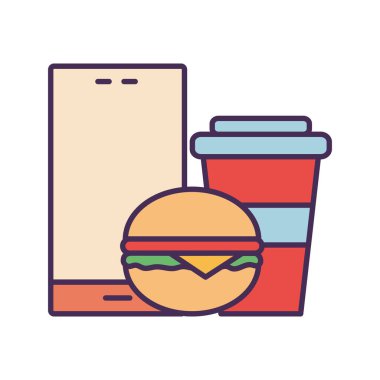 akıllı telefon hamburgeri ve kupa satırı ve biçim ikon vektör tasarımı