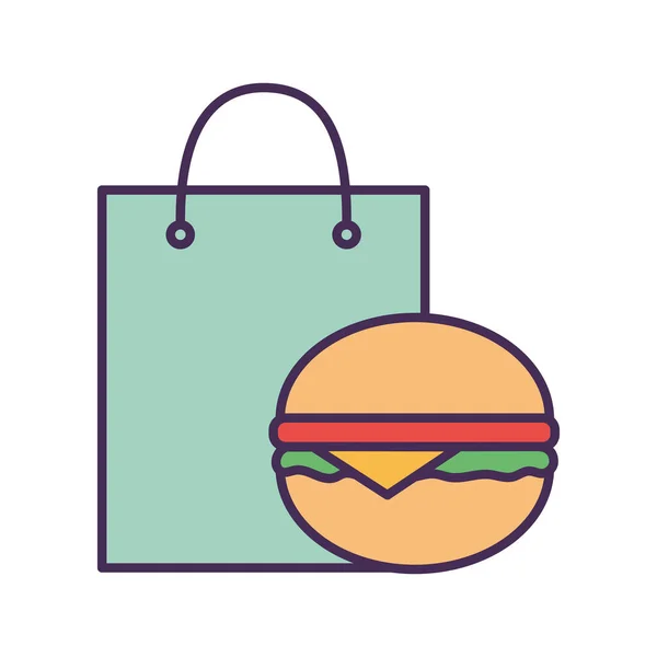 Мешок для покупок и гамбургер линии и заполнить стиль иконки векторный дизайн — стоковый вектор
