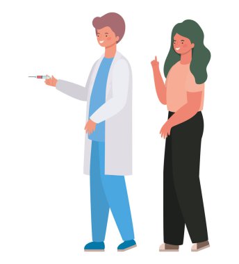 Enjeksiyon vektör tasarımlı erkek doktor ve kadın avatar