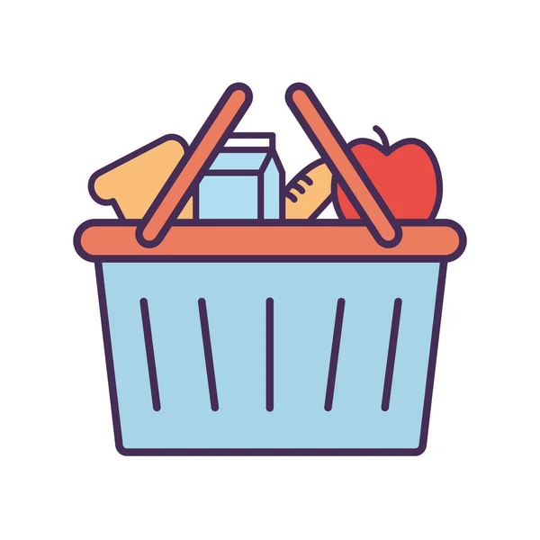 Caixa de leite maçã e pão dentro da linha da cesta e design de vetor de ícone de estilo de preenchimento — Vetor de Stock