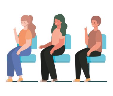 Mutlu kadın ve erkek karikatürleri koltuk tasarımında oturuyor.