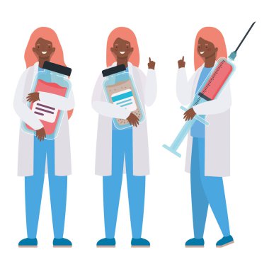 Üniformalı kadın doktorlar enjeksiyon ve ilaç kavanozları vektör tasarımı
