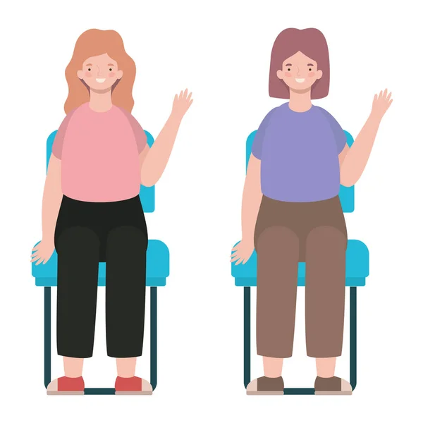 Mulheres felizes desenhos animados sentados em assentos design vetorial — Vetor de Stock
