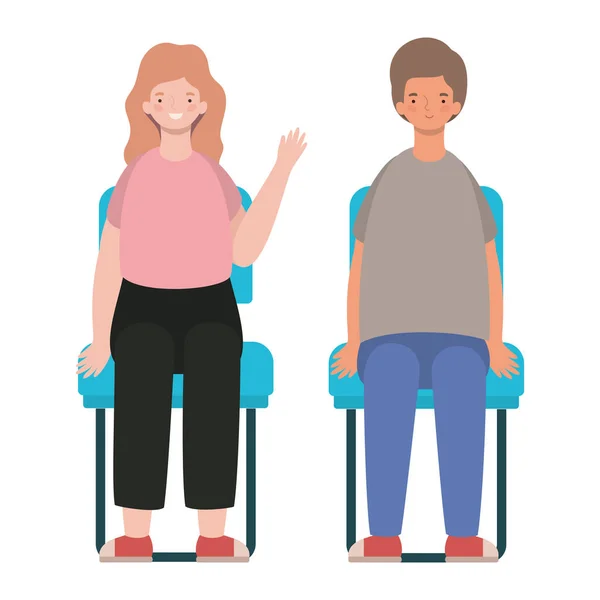 Feliz mulher e homem desenho animado sentado em assentos design vetorial — Vetor de Stock