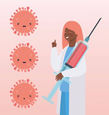 Enjeksiyonlu kadın doktor ve covid 19 virüs kawaii çizgi film tasarımı.