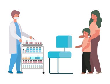 Erkek doktor aşı çocuk ve anne vektör tasarımı