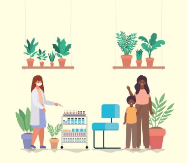 Kadın doktor aşılayan çocuk ve anne vektör tasarımı