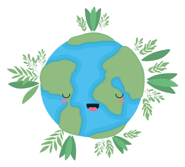 Kawaii world sphere cartoon with leaves vector design — Stock Vector