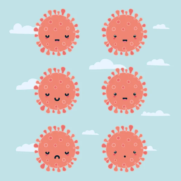 Covid 19 virüs kawaii karikatür ve bulut vektör tasarımı — Stok Vektör