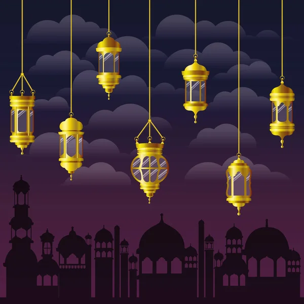 Aïd moubarak lanternes d'or nuages et bâtiments de la ville design vectoriel — Image vectorielle