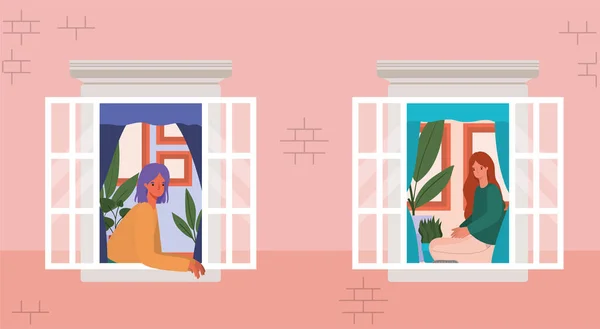 Femmes regardant par les fenêtres de la conception vectorielle de maison rose — Image vectorielle