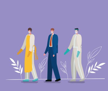 Erkek işçiler tıbbi maskeli ve üniformalı vektör tasarımlı avatarlar