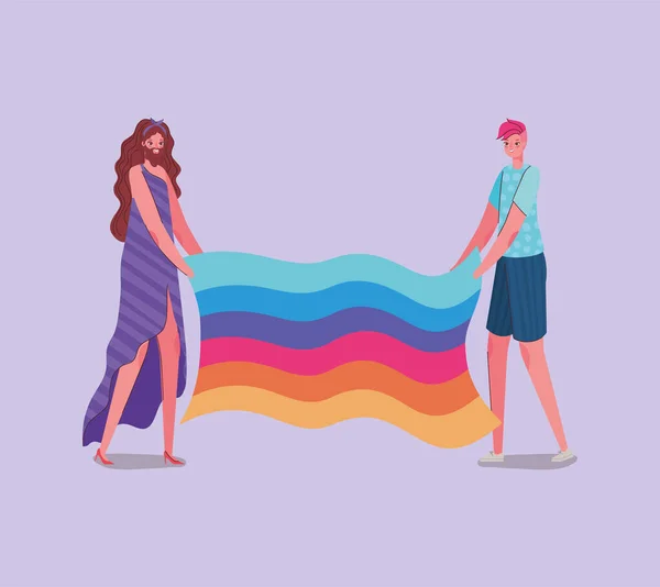 Niña y niño con disfraces y diseño de vectores bandera lgtbi — Vector de stock