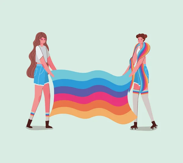 Niñas con disfraces y diseño de vectores bandera lgtbi — Vector de stock