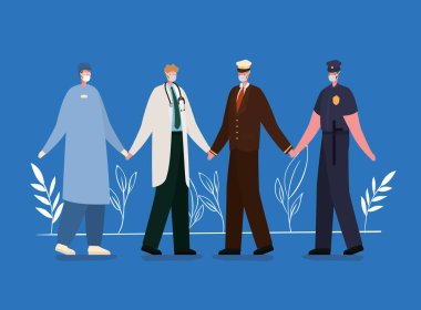 Erkek işçiler tıbbi maskeli ve üniformalı vektör tasarımlı avatarlar