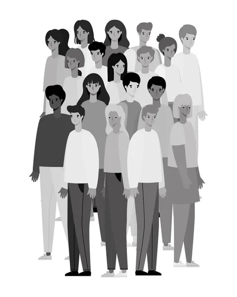 Mujeres y hombres avatares dibujos animados en colores grises vector de diseño — Archivo Imágenes Vectoriales