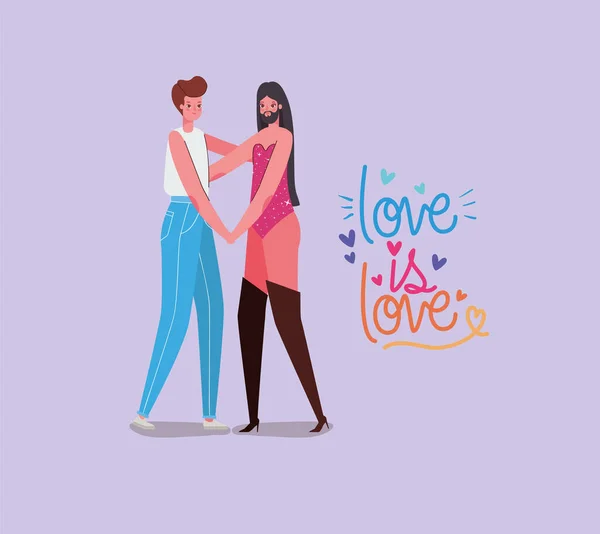 Chica y chico con trajes lgtbi bandera y el amor es el amor vector de diseño — Archivo Imágenes Vectoriales