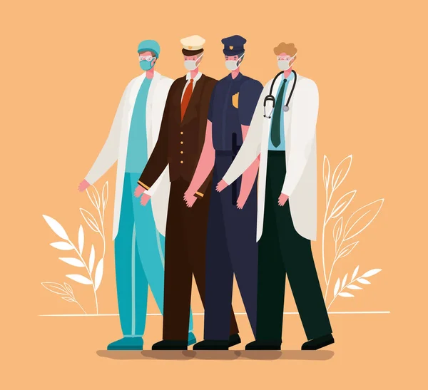 Hommes travailleurs avatars avec des masques médicaux et uniformes conception vectorielle — Image vectorielle