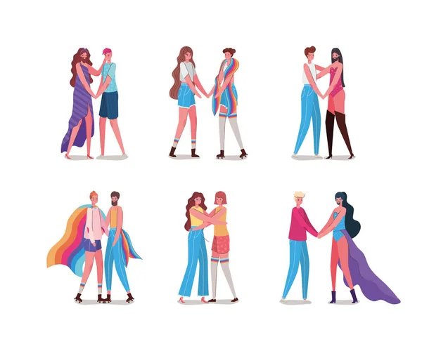 Filles et garçons avec costumes et design vectoriel drapeau lgtbi — Image vectorielle