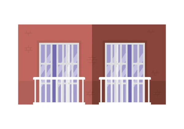 Isolierte Fenster mit Balkonen außerhalb des braunen Gebäudevektordesigns — Stockvektor