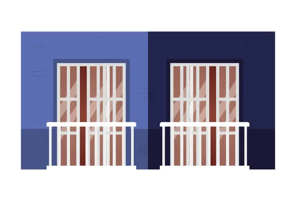 Isolierte Fenster mit Balkonen außerhalb des blauen Gebäudevektordesigns — Stockvektor