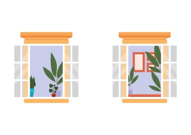 Bitkiler ve çerçeve vektör tasarımının iç görünümüne sahip pencereler