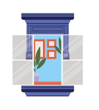 Bitkilerin ve çerçeve vektör tasarımının iç görünümüne sahip pencere