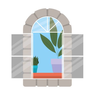 Bitki vektör tasarımının iç görünümüne sahip pencere