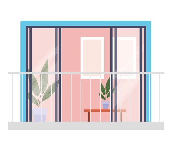 植物やフレームベクトルのデザインのインテリアと窓のバルコニー — ストックベクタ