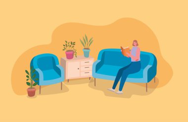 Kanepe vektör tasarımında okuyan kadın