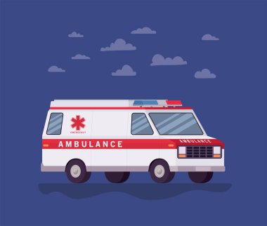 Ambulans sağlık aracı yan görünümü ve bulut vektör tasarımı
