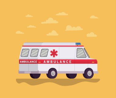 Ambulans sağlık aracı yan görünümü ve bulut vektör tasarımı