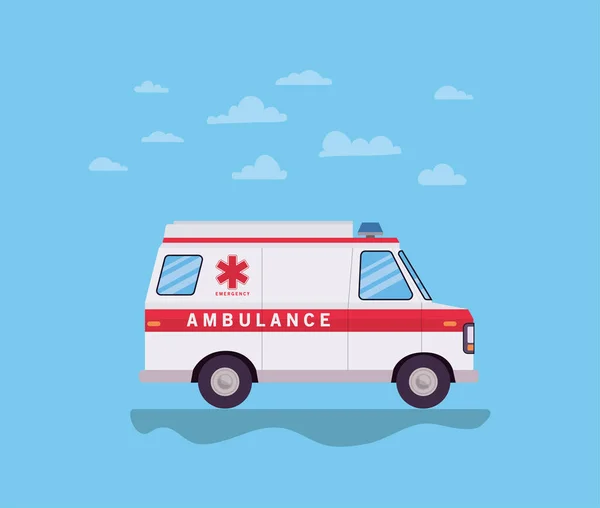 Ambulância paramédica vista lateral do carro e design de vetor nuvens —  Vetores de Stock