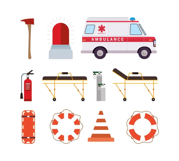 Ambulancia y salvavidas icono conjunto de diseño de vectores — Archivo Imágenes Vectoriales